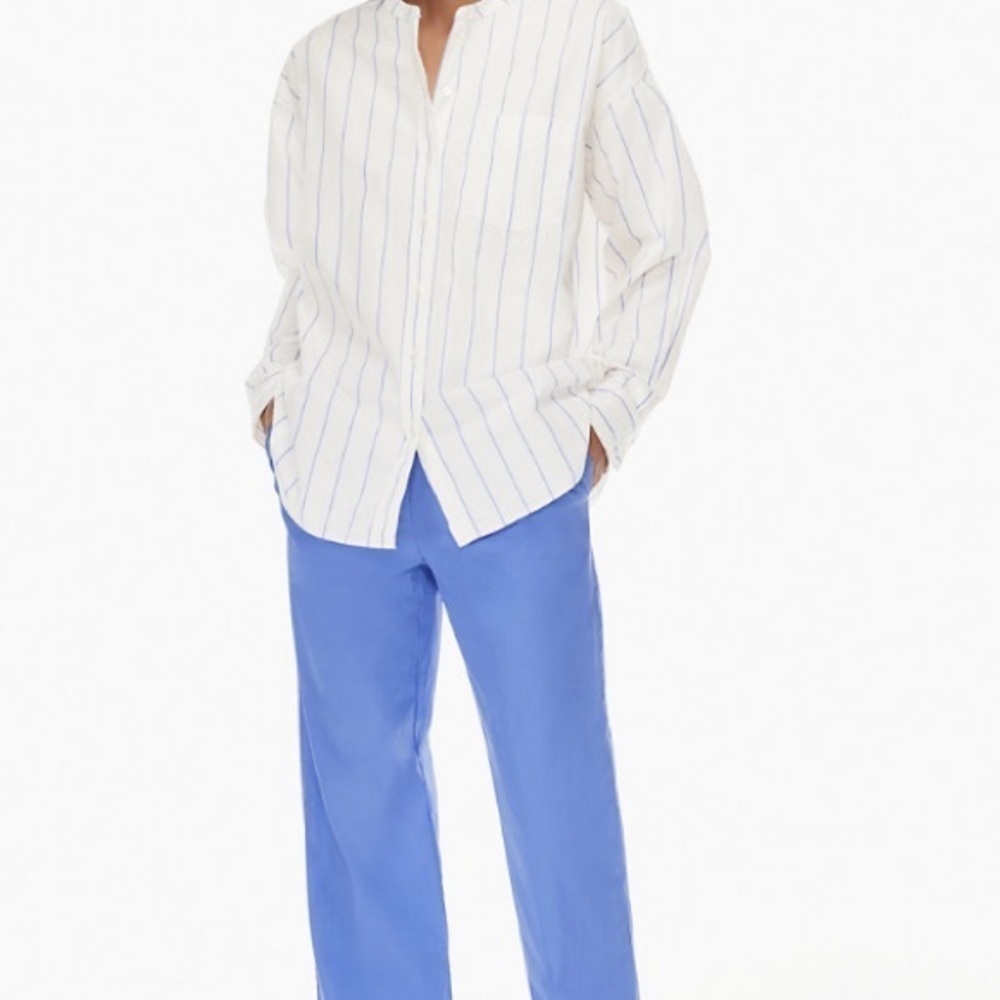 Wilfred Free Blue White Boyfriend Oversized Button-Up Shirt size 2XS Lagenlook